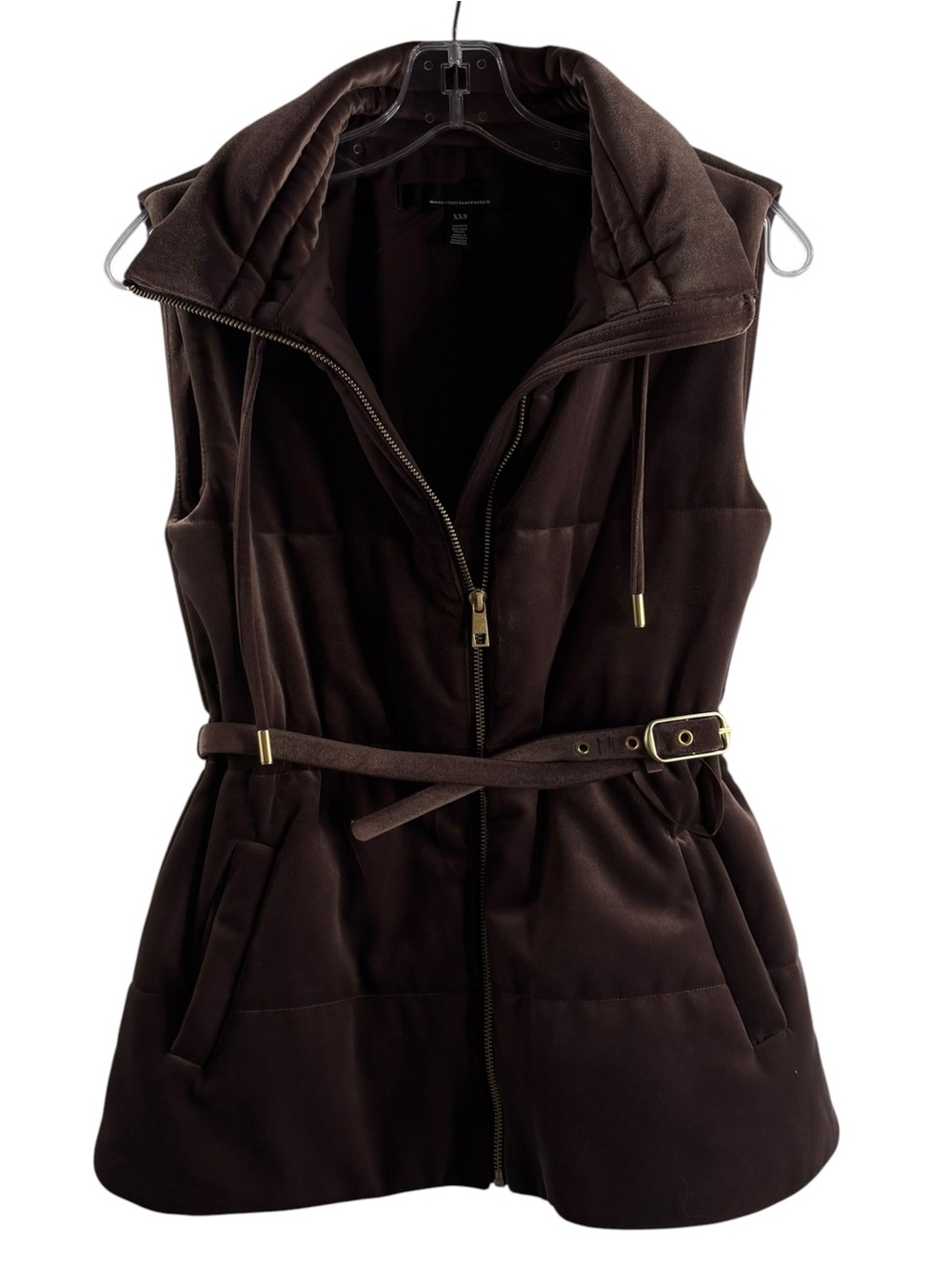 WHBM Brown Velour Hooded Belted Puffer Vest